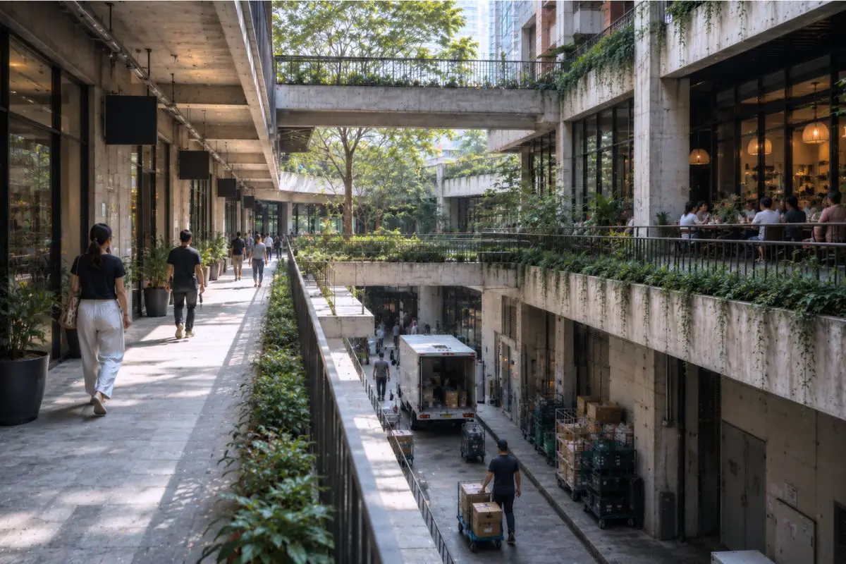 Layered pedestrian and service circulation within a mixed-use building designed for long-term adaptability in the Philippines