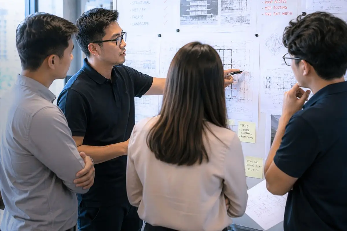 Architects, consultants, and project professionals reviewing project information and discussing technical coordination during project development.
