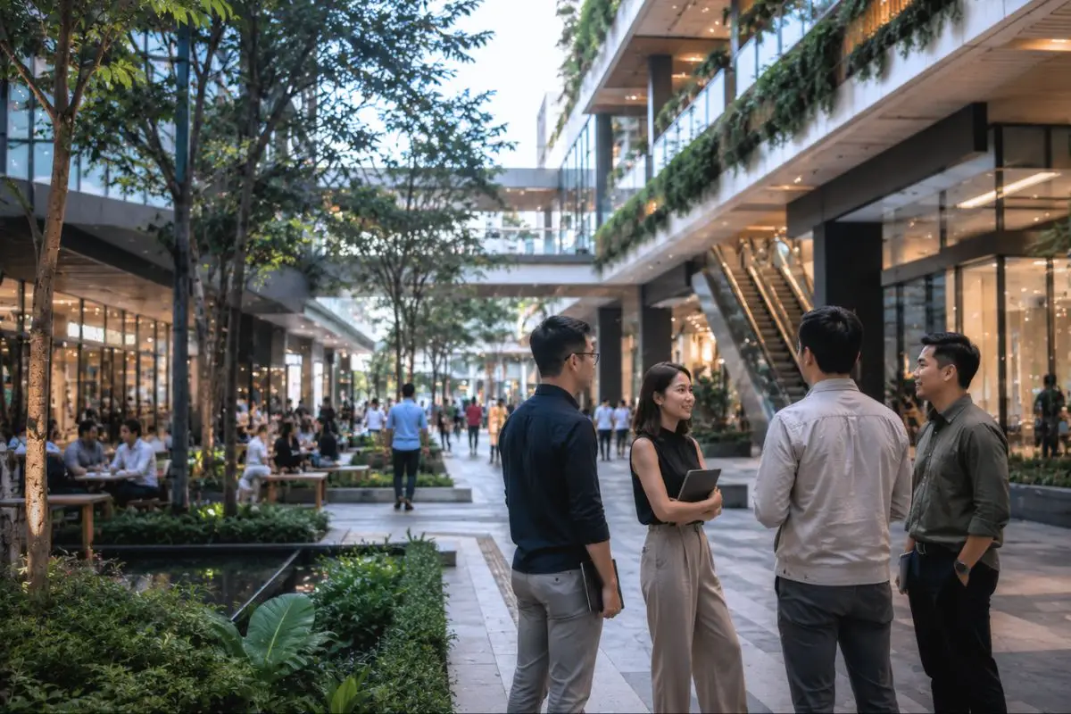 Project professionals discussing a completed mixed-use development, illustrating successful architectural coordination and project execution.