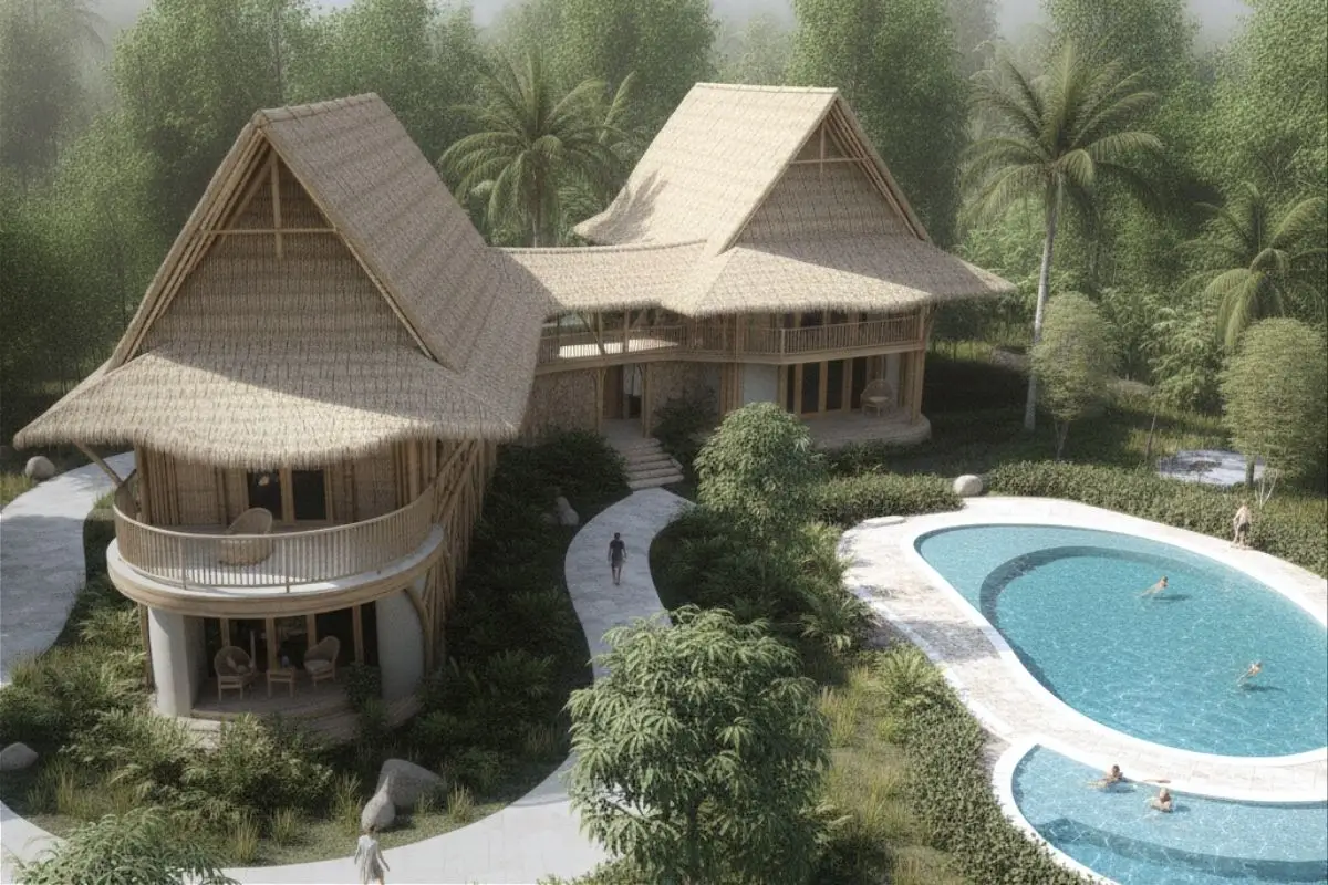 Tropical villa accommodation overlooking landscaped gardens and a resort pool, demonstrating small resort design and boutique hospitality planning.