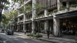 Contemporary mixed-use building in the Philippines showing mature landscape growth, climate-responsive façade design, and long-term urban occupation