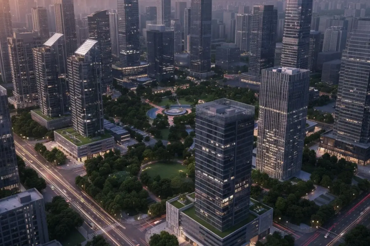 High-density urban district with integrated parks and open spaces demonstrating how building regulations influence development patterns and environmental quality