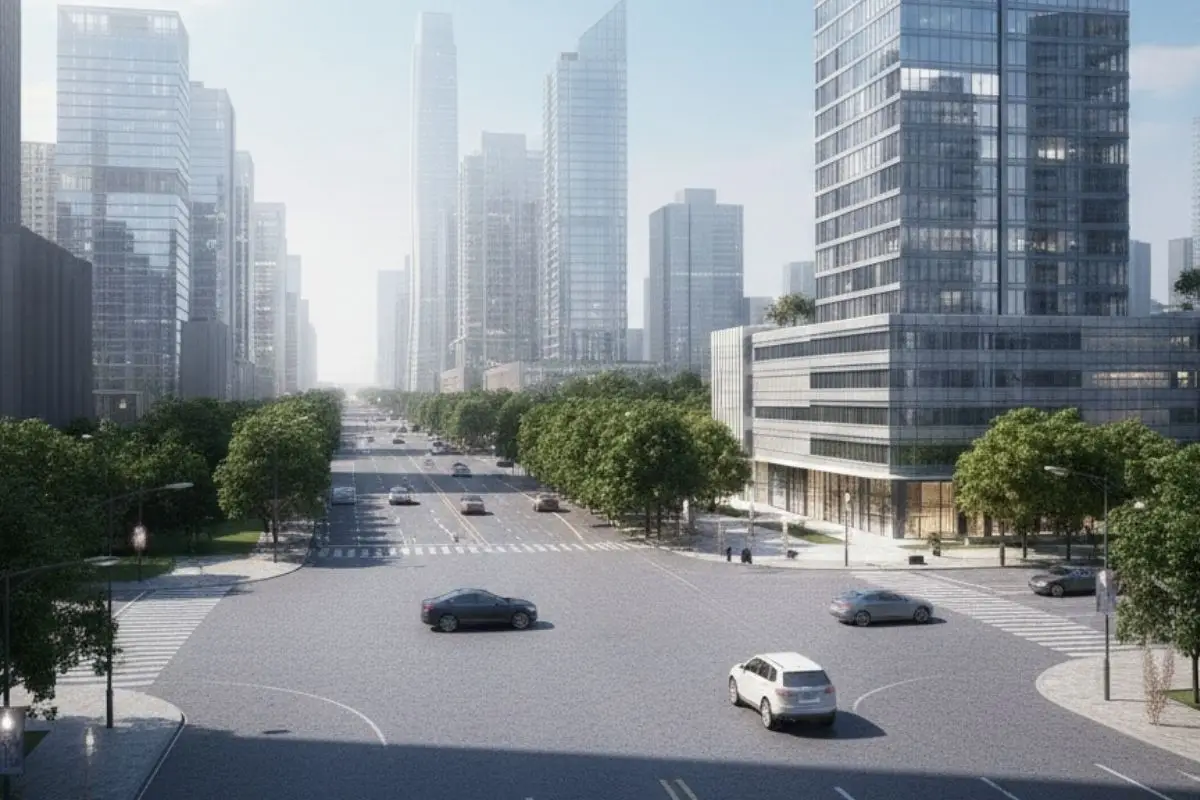 Urban boulevard with high-rise development demonstrating how building regulations influence setbacks, circulation systems, density, and street organization