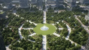 Large urban park and surrounding mixed-use district demonstrating how building regulations influence planning, open space, density, and development patterns