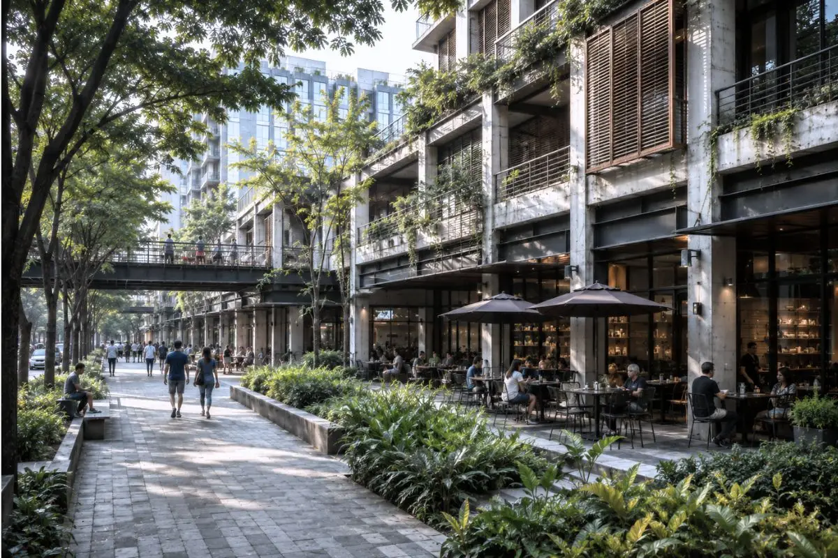 Climate-responsive mixed-use development with shaded walkways, mature planting, and durable architectural materials in the Philippines