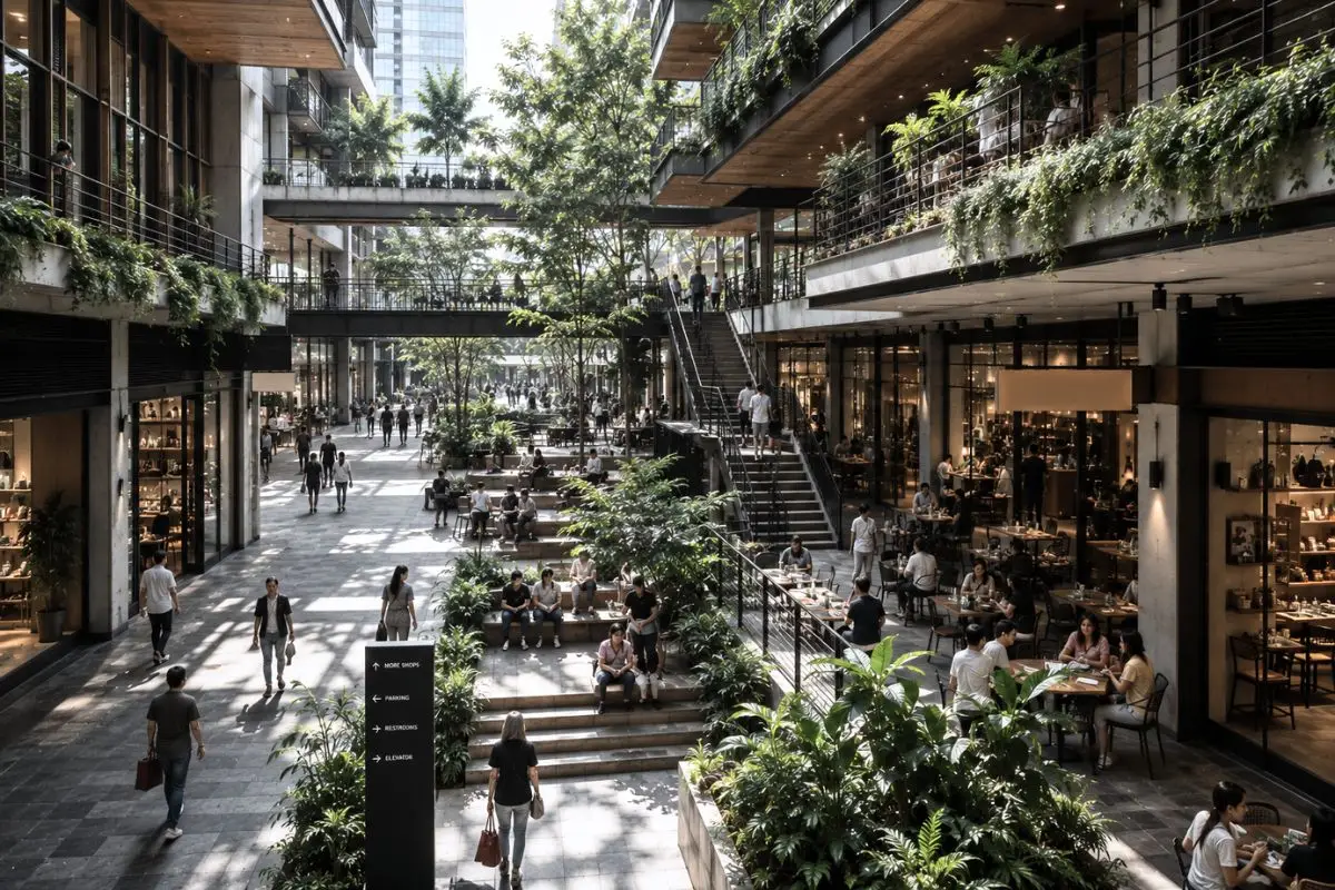Multi-level commercial development with layered circulation paths, landscaped seating zones, and visible tenant frontages in the Philippines