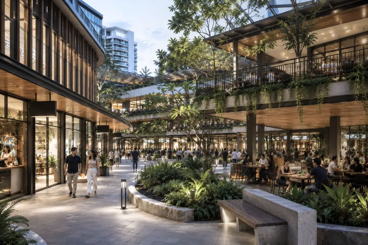 Open-air mixed-use commercial development with shaded walkways, dining terraces, and landscaped social spaces in the Philippines