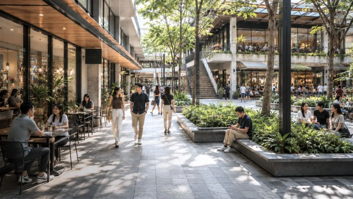 Street-level mixed-use commercial development in the Philippines with shaded walkways, active storefronts, and pedestrian circulation
