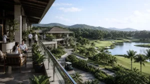 Contemporary golf resort clubhouse overlooking landscaped fairways and tropical terrain in the Philippines