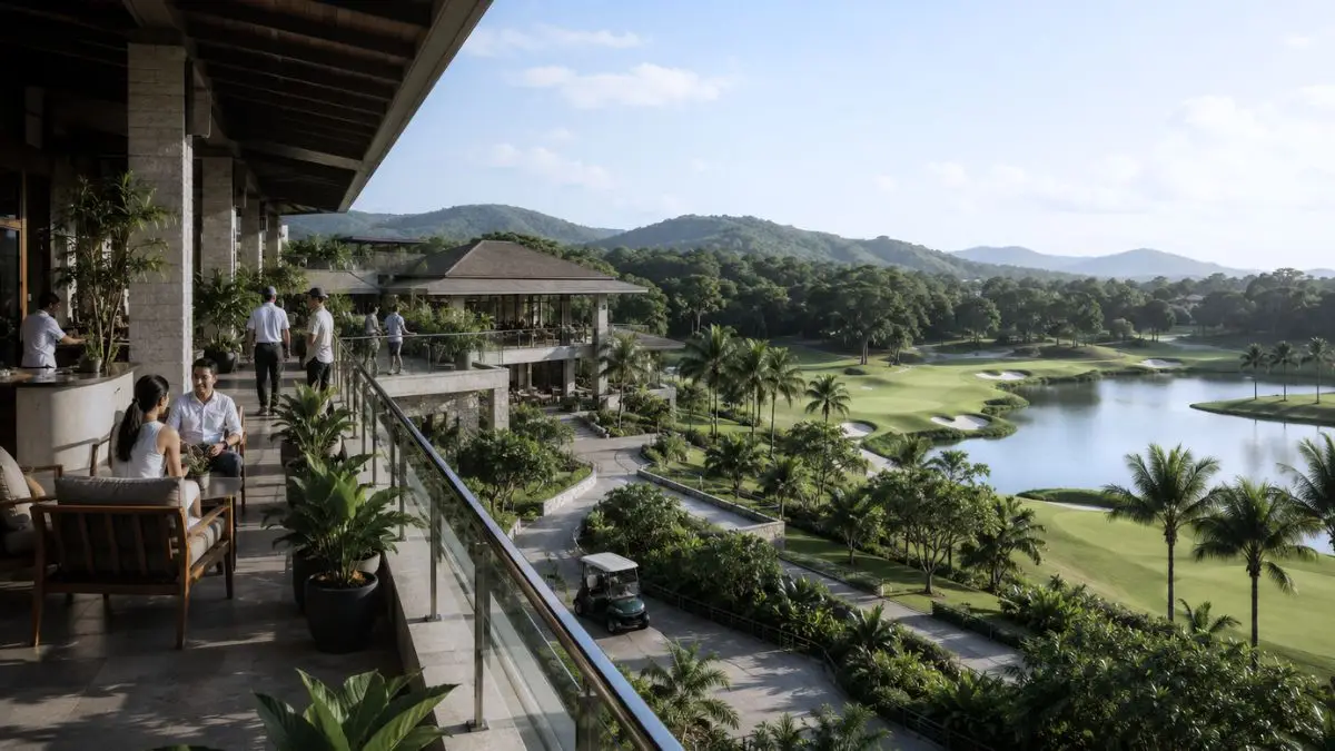 Contemporary golf resort clubhouse overlooking landscaped fairways and tropical terrain in the Philippines
