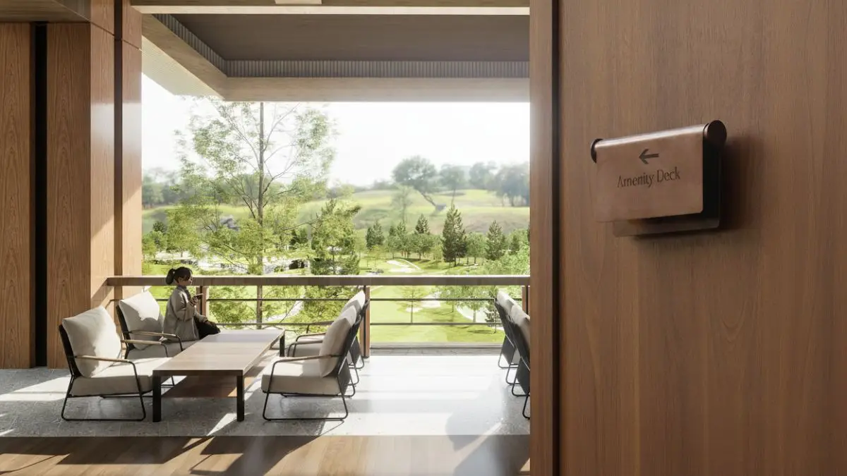 Environmental graphic design in the Philippines demonstrated through integrated directional signage, spatial cues, and views toward outdoor amenities within a large development