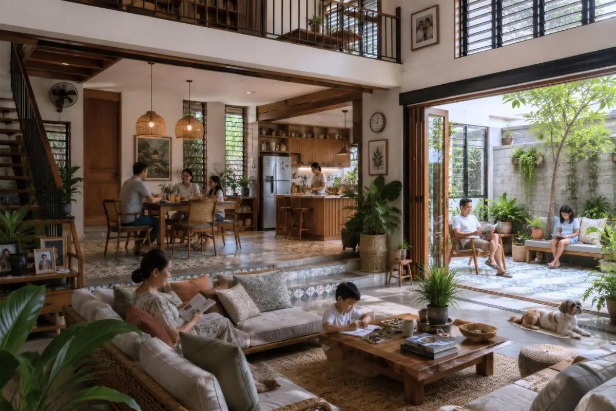 Layered open-plan Filipino home interior with indoor-outdoor living spaces, family activity, and climate-responsive residential design