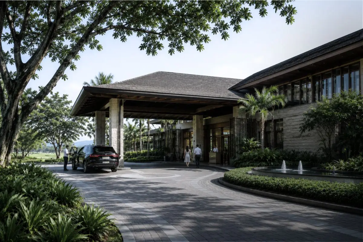 Tropical golf resort clubhouse entrance with landscaped arrival court and shaded drop-off area