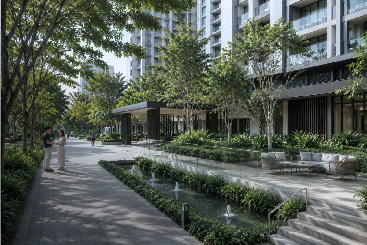 Pedestrian promenade and landscaped open spaces within a luxury residential development in the Philippines