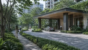Landscaped arrival court and residential drop-off area in a luxury residential development in the Philippines