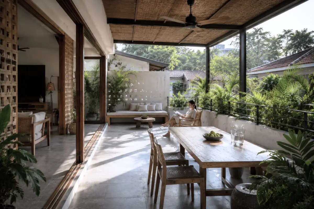Modern Filipino house with shaded open terrace, woven ceiling, ceiling fan, tropical plants, and indoor-outdoor living space