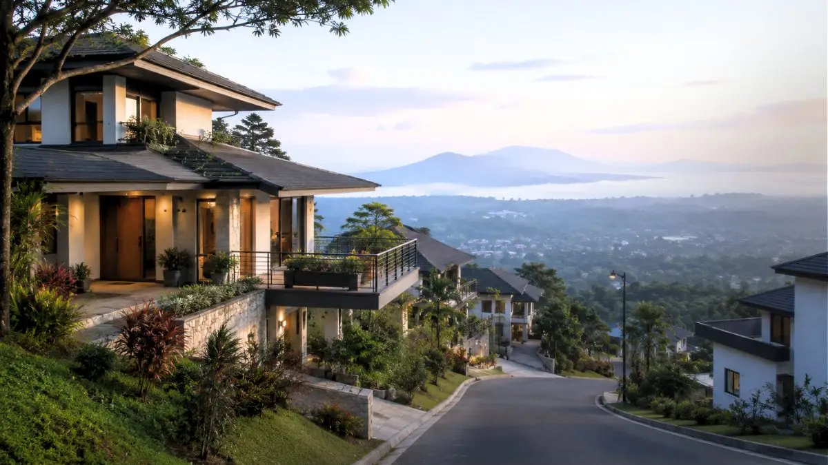 Modern tropical ridge houses integrated into elevated terrain in the Philippine highlands, showcasing climate-responsive residential architecture and panoramic ridge views.