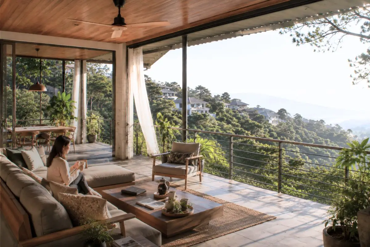 Open living spaces in a modern tropical ridge house overlooking the Philippine highlands with natural ventilation and shaded outdoor areas.