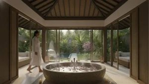 Luxury tropical villa spa pavilion with private garden and water feature demonstrating privacy in modern villa resorts through architecture and landscape design.