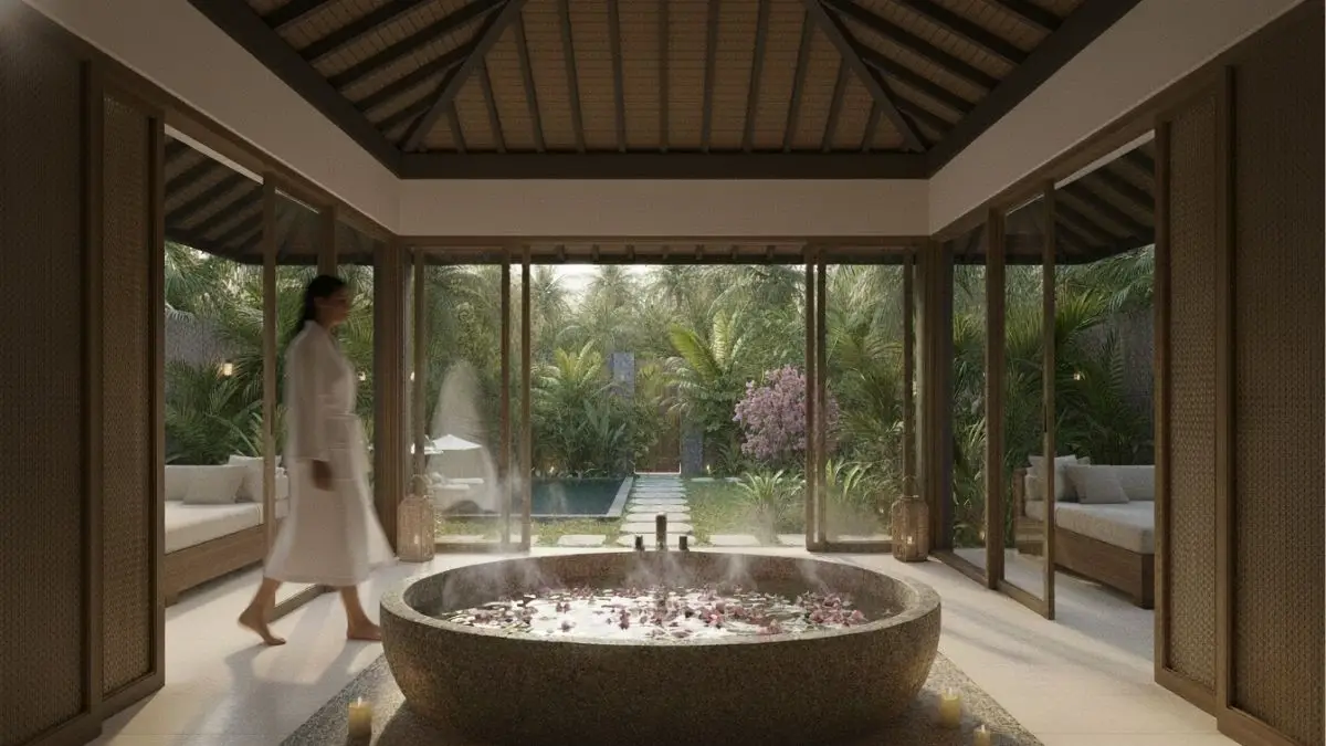 Luxury tropical villa spa pavilion with private garden and water feature demonstrating privacy in modern villa resorts through architecture and landscape design.