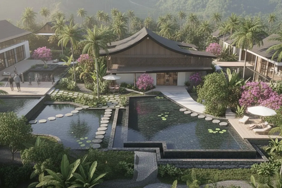 Luxury tropical villa resort with private water gardens, landscaped buffers, and secluded guest accommodations illustrating privacy in modern villa resorts.