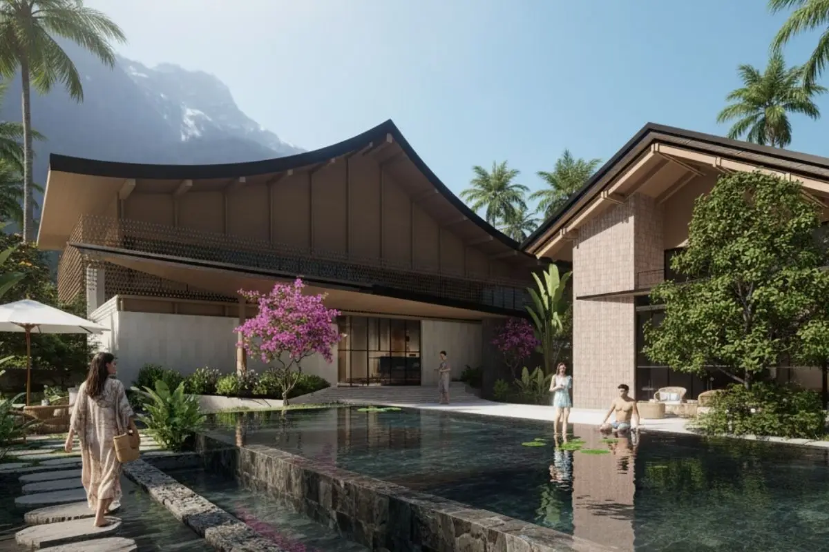 Luxury tropical villa courtyard with reflecting pool and landscaped outdoor spaces demonstrating privacy in modern villa resorts.
