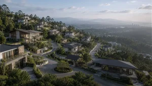 Aerial view of Rizal hillside communities with terraced homes, winding roads, retaining walls, and valley views shaped by sloping terrain.
