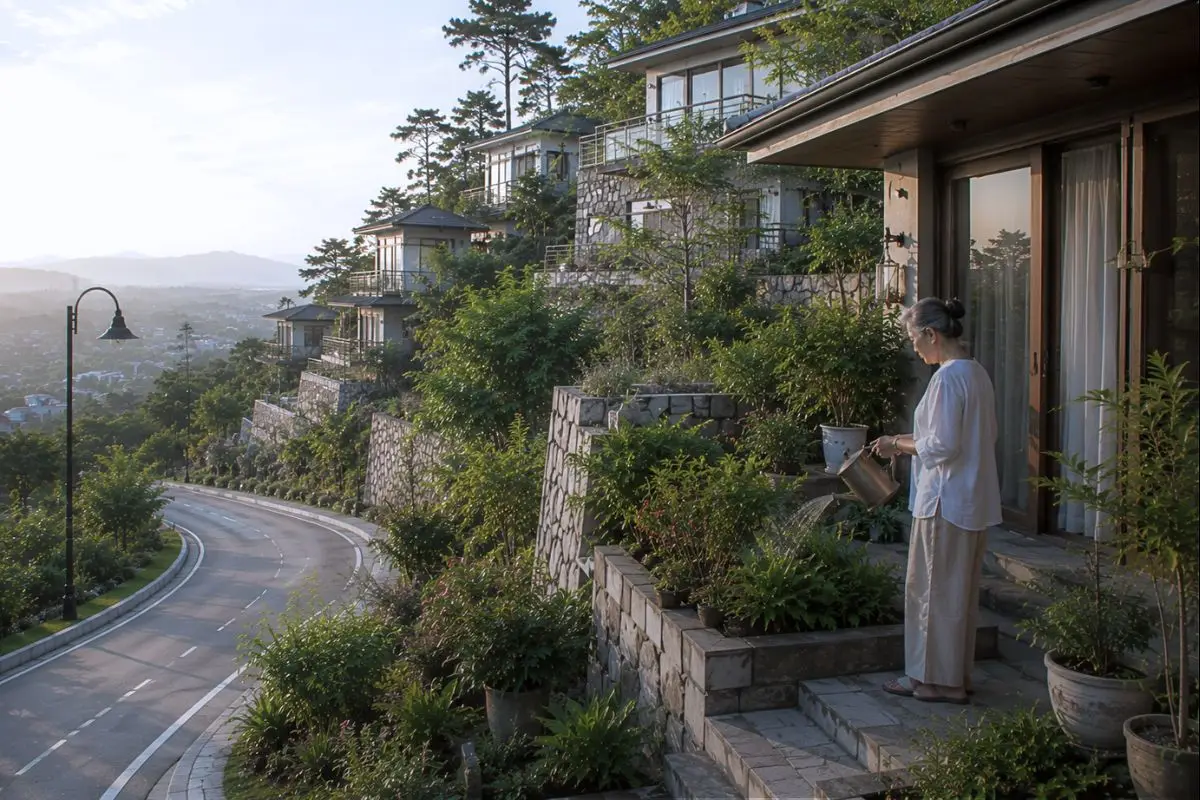 Split-level hillside house with terraced retaining walls, landscaped gardens, and winding roads in a premium Rizal residential development.