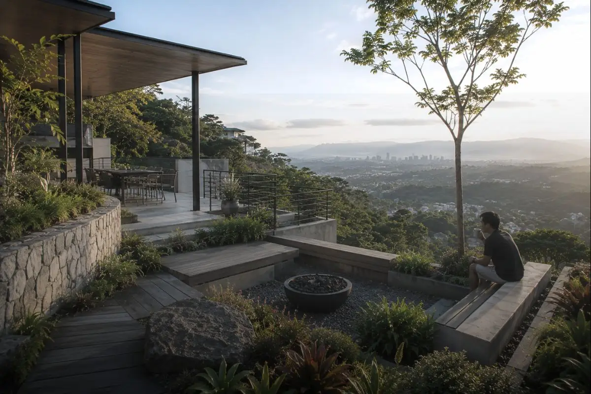 Modern hillside home overlooking a valley from an elevated residential community with landscaped terraces and panoramic views.