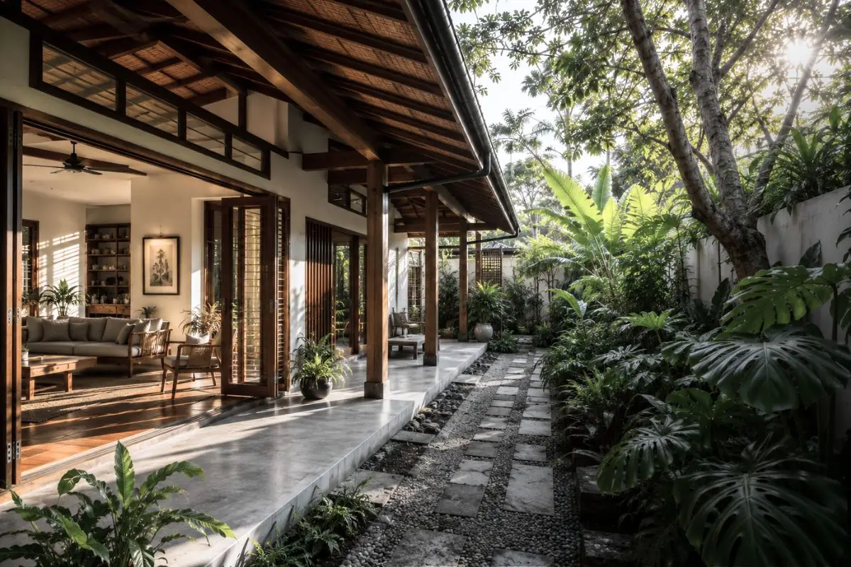 Contemporary tropical house with shaded outdoor living areas and deep roof overhangs in the Philippines