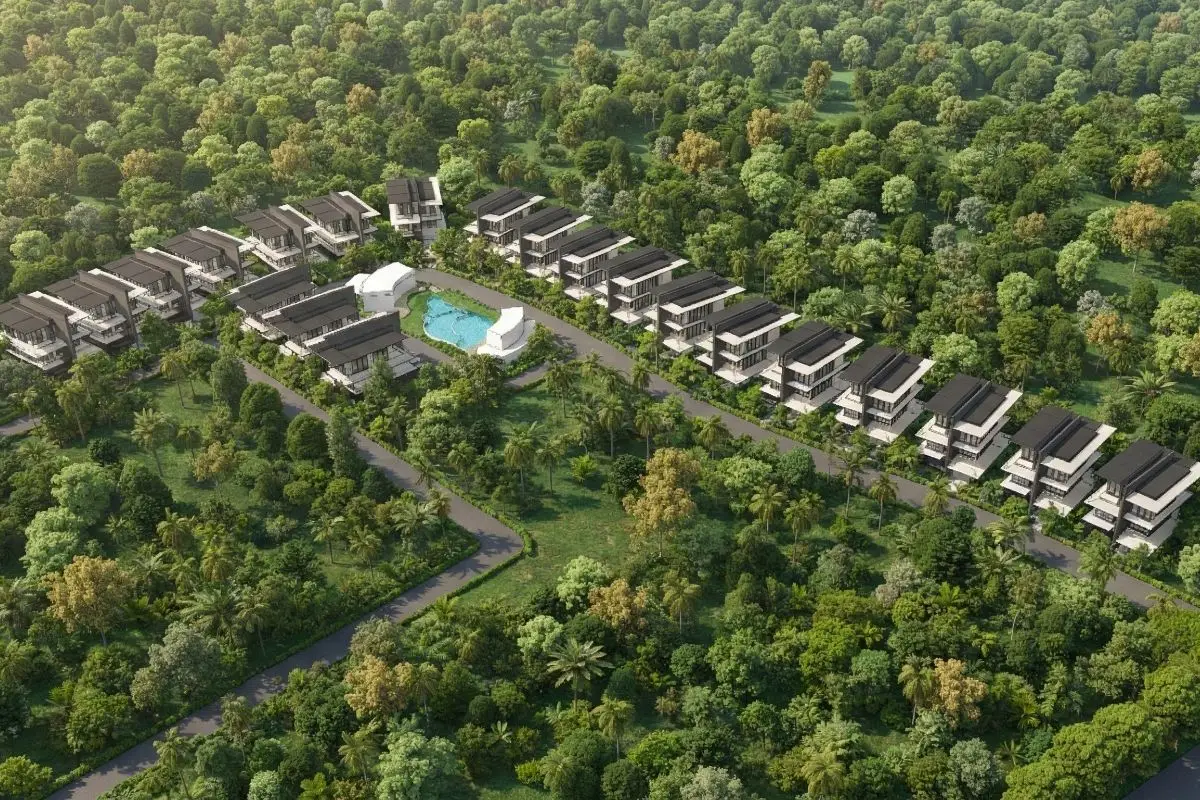 Large-scale tropical township development surrounded by integrated landscape systems demonstrating tropical Asian architecture and climate-responsive planning
