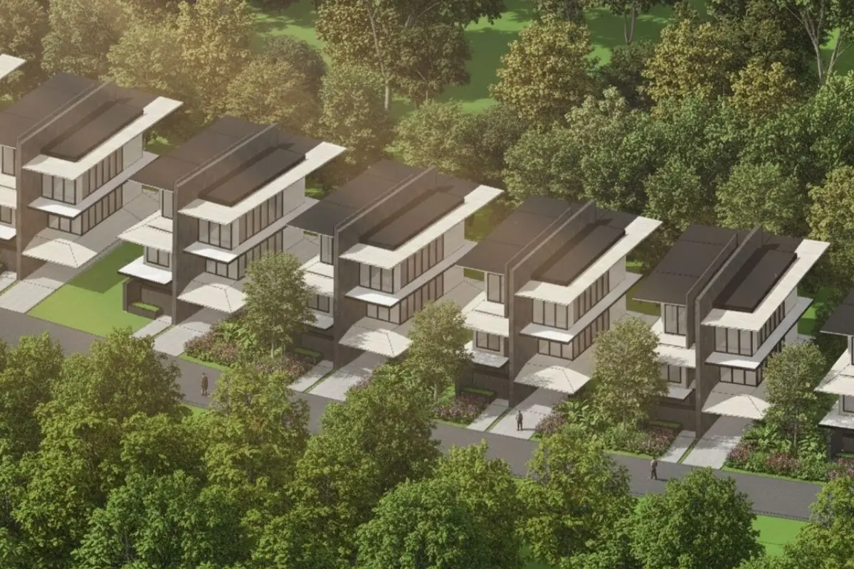 Master planned residential district demonstrating tropical Asian architecture through shaded massing, landscape integration, and climate-responsive township planning