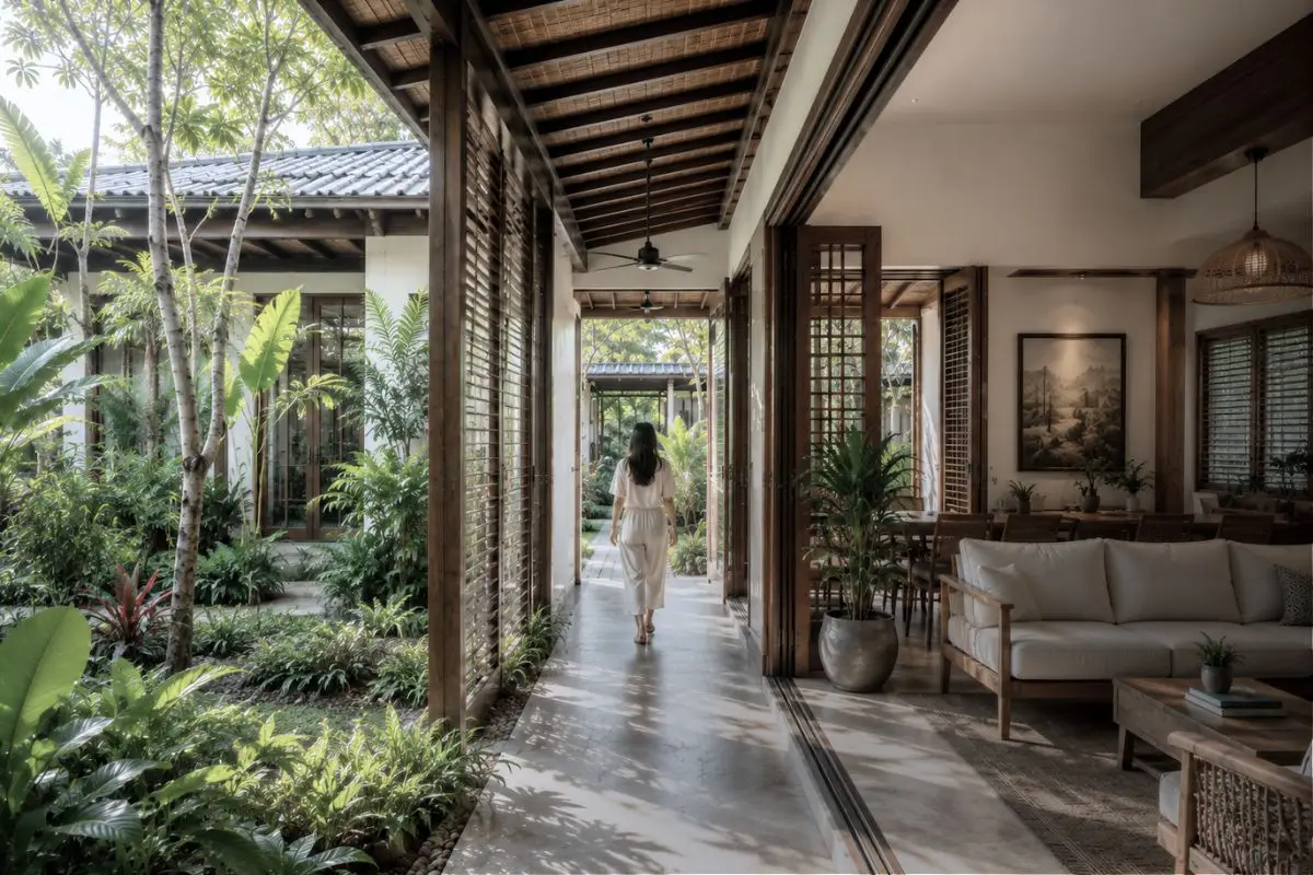 Shaded breezeway connecting indoor and outdoor spaces within a tropical house in the Philippines