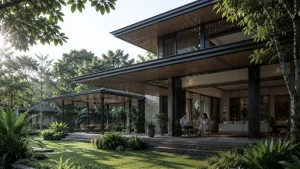 Contemporary tropical house in the Philippines with deep roof overhangs, shaded terraces, and integrated tropical landscape