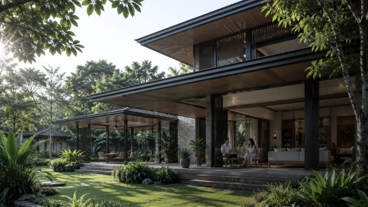 Contemporary tropical house in the Philippines with deep roof overhangs, shaded terraces, and integrated tropical landscape