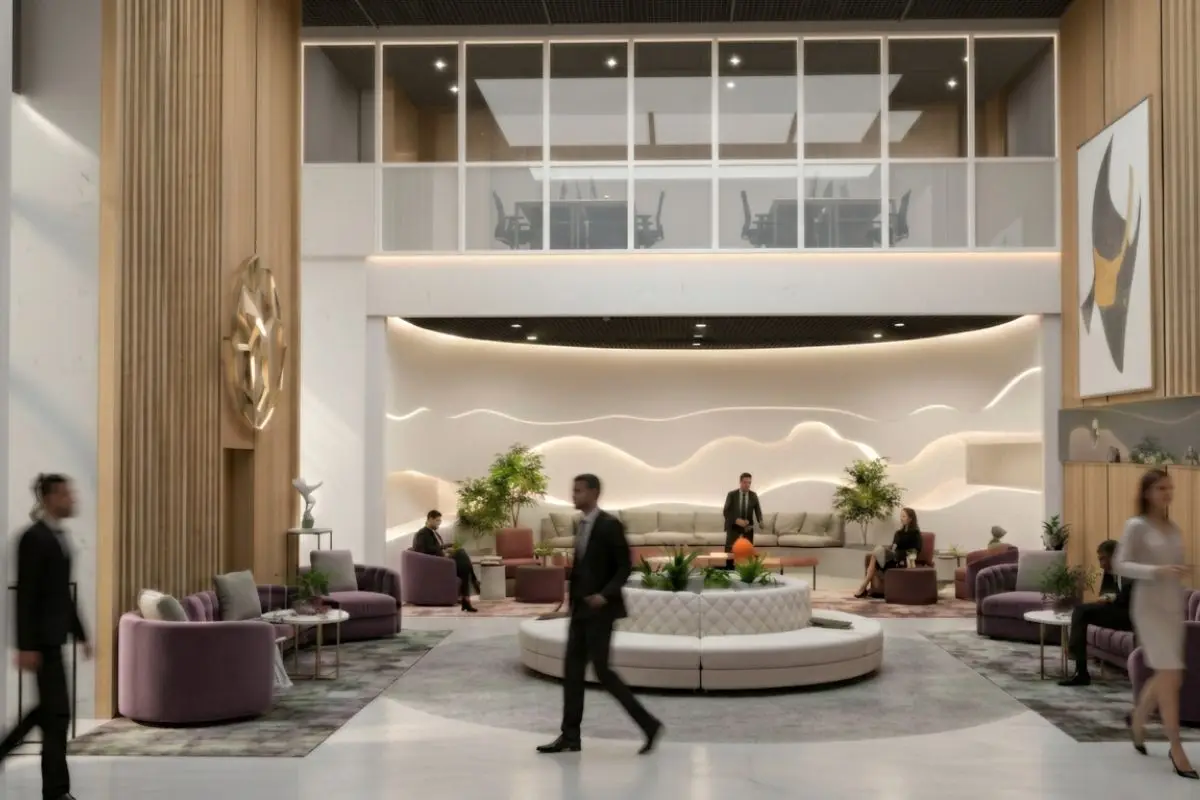 Contemporary office lobby with intuitive circulation, durable finishes, and organized public spaces demonstrating trustworthy building design in the Philippines.