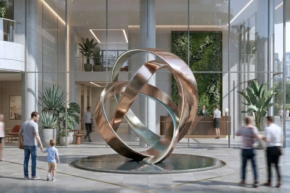 Residential lobby entrance with sculptural water feature illustrating water in landscape architecture and modern placemaking.