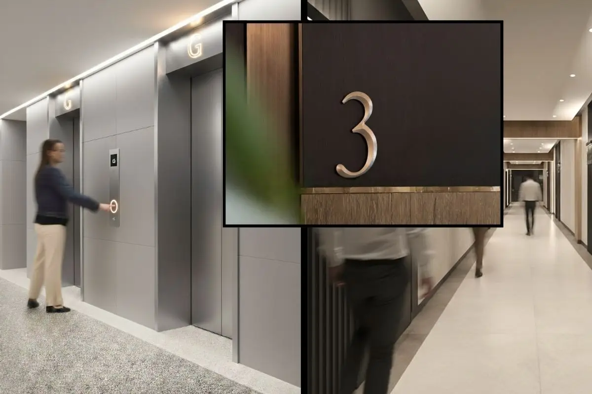 Contemporary elevator lobby and corridor signage system demonstrating effective wayfinding in the Philippines through consistent numbering and circulation clarity