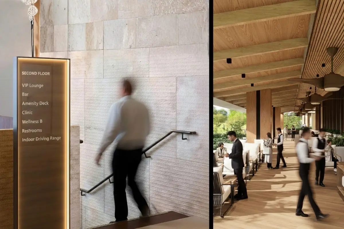 Hospitality circulation space with integrated directional signage and open circulation demonstrating effective wayfinding in the Philippines