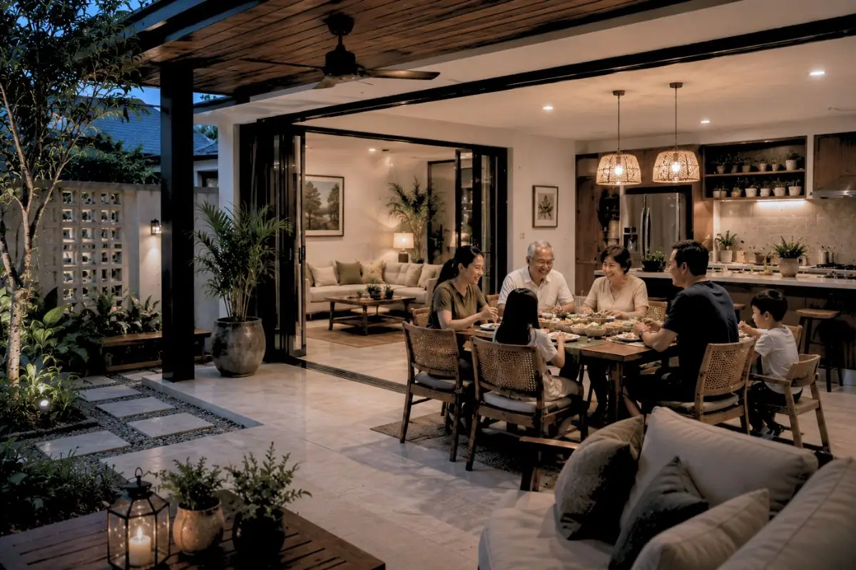 Modern Filipino family gathering in a tropical indoor-outdoor dining space with landscaped courtyard and warm residential atmosphere