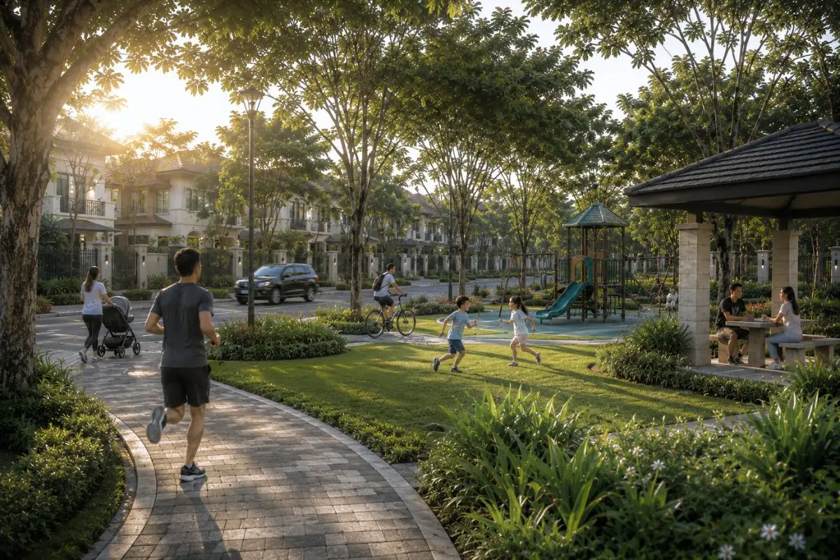 Residents enjoying a landscaped neighborhood park with walking paths, mature trees, open lawns, and shared recreational spaces within a residential estate.