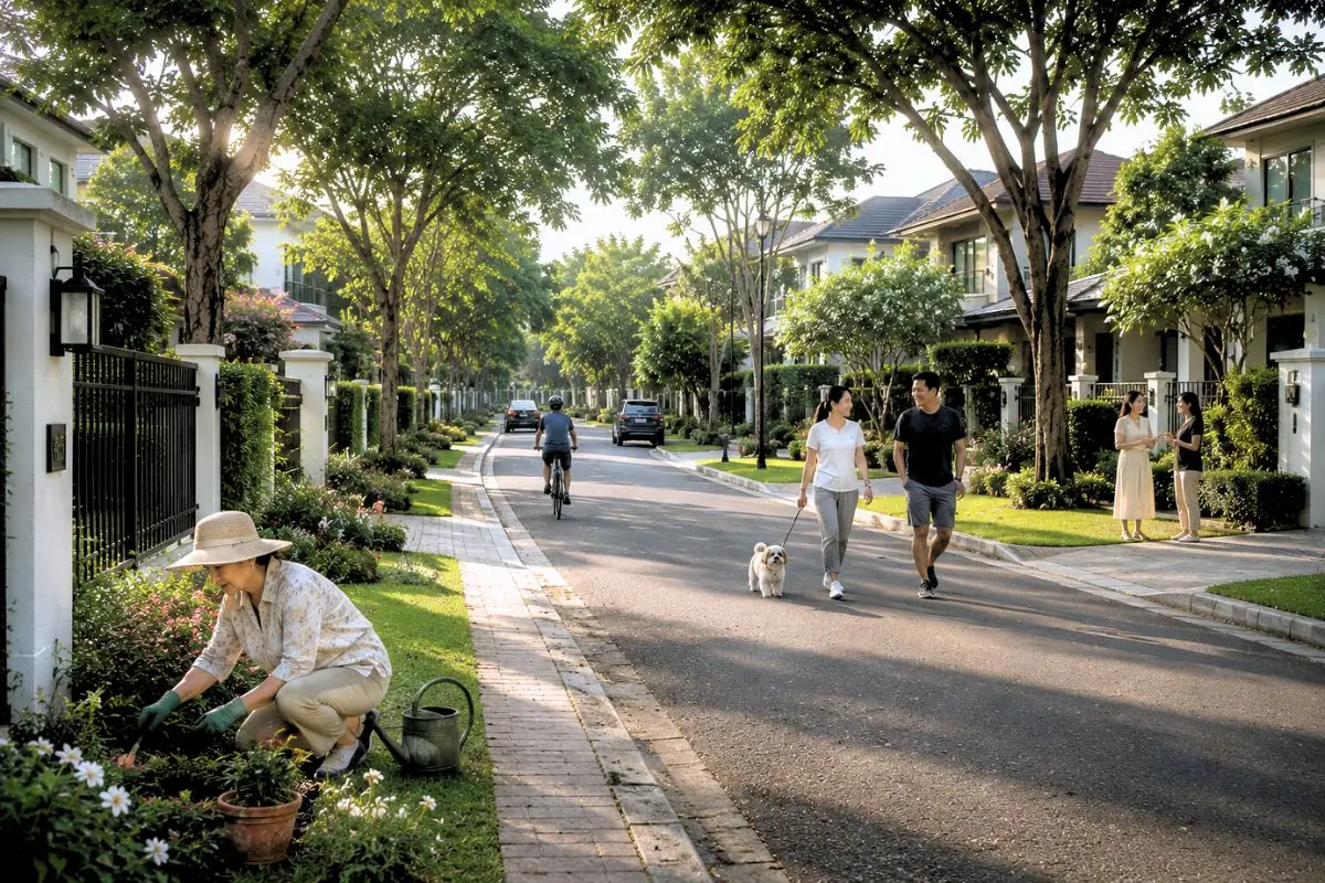 Residents walking, cycling, gardening, and conversing along a shaded residential street lined with mature trees and well-maintained homes within a planned community.