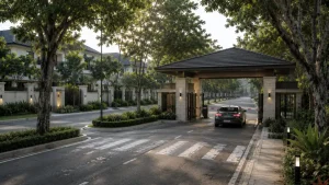 A landscaped gated entrance to a contemporary residential estate featuring a modern guardhouse, mature trees, clear road markings, and a vehicle entering the community.