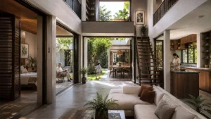 A contemporary tropical residence organized around a central courtyard with interconnected living spaces designed for multiple generations.