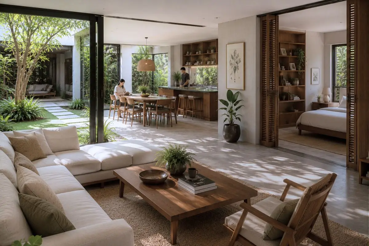 An open-plan living, dining, and kitchen area within a contemporary tropical home, illustrating flexible shared spaces for everyday family life.
