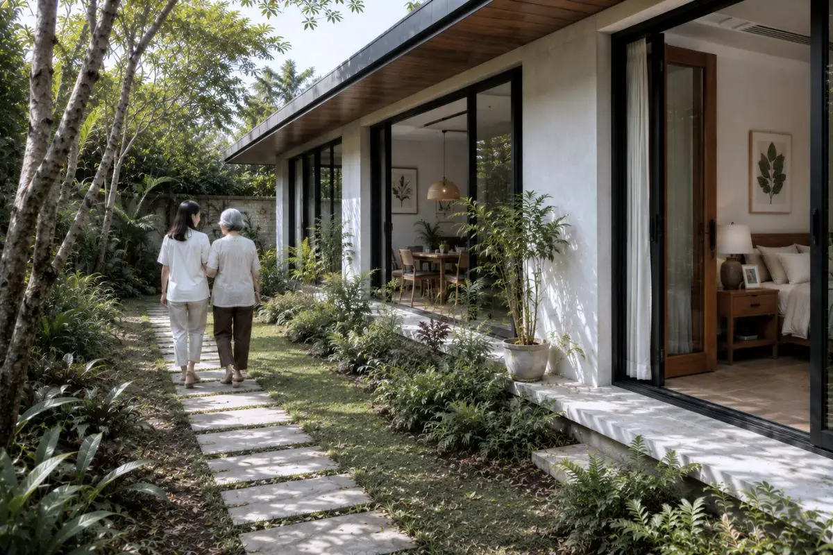 A landscaped garden pathway beside a contemporary tropical residence with a ground-floor bedroom, shaded veranda, and accessible outdoor circulation.