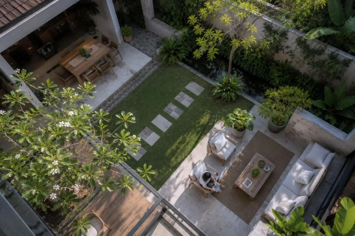 A landscaped courtyard connecting the home's interior with shaded outdoor seating, natural planting, and informal family gathering spaces.