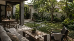 A contemporary tropical residence with a covered outdoor living area opening onto a landscaped garden that seamlessly connects indoor and outdoor spaces.