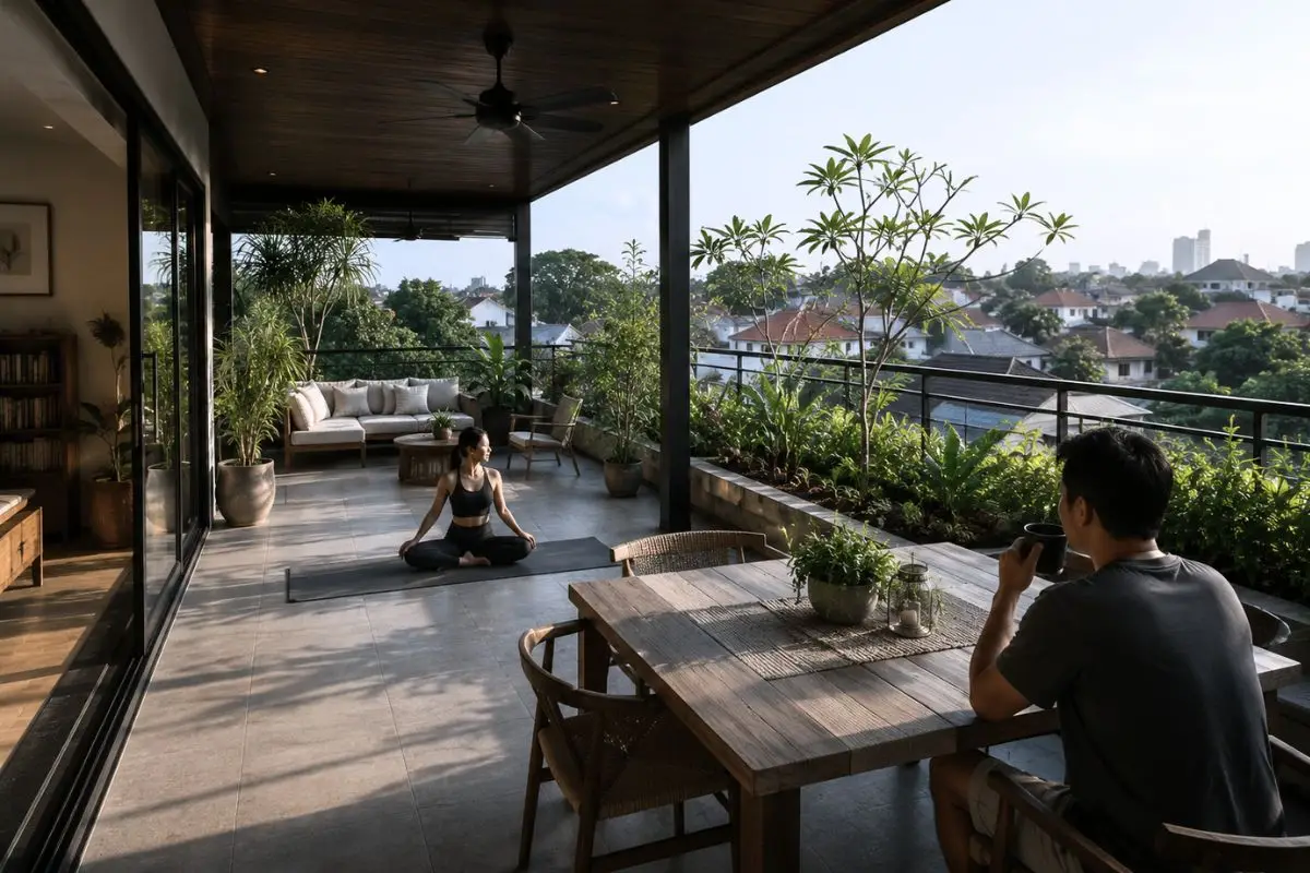 A covered rooftop terrace overlooking a residential neighborhood with outdoor seating, tropical planting, and spaces for relaxation and exercise.