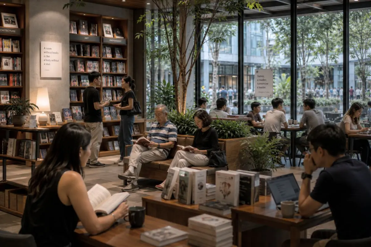People reading, browsing books, and having quiet conversations inside a contemporary bookstore with comfortable seating and views toward an active public space.
